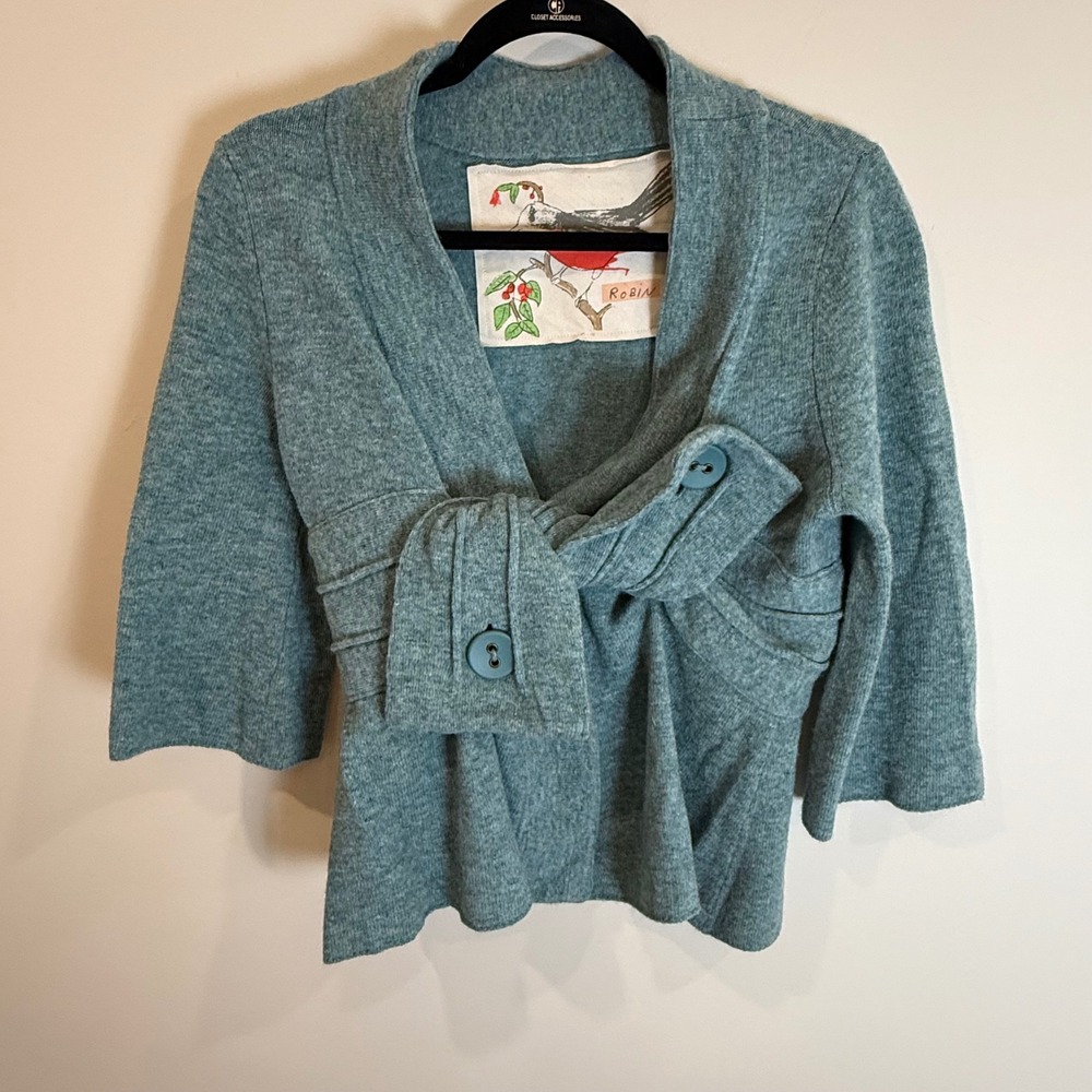 Anthropologie Robin's Egg Blue Knit Wrap Cardigan Button Detail Size S